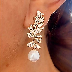 Brinco Pérola Ramos em Cristais Banhado a Ouro 18k