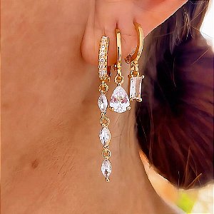 Brinco Trio Mix Fio Ponto de Luz Banhado a Ouro 18k