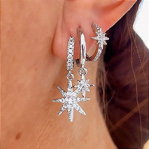 Brinco Trio Mix Estelar Ródio Branco