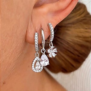 Brinco Trio Lumi Cristal Ródio Branco