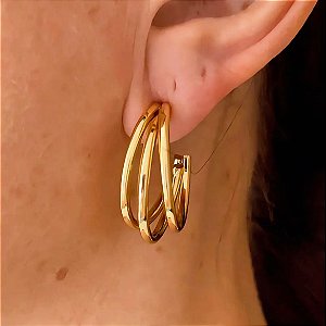 Brinco de Argola 3 fios Liso Iris banhado a Ouro 18k