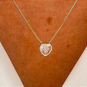 Colar Coração Cristal com Borda Banhado a Ouro 18k