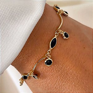 Pulseira Luxo Cristais Pretos Banhada a Ouro 18k