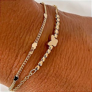 Pulseira Dupla Detalhes Minimal Banhada a Ouro 18k