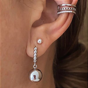Brinco de Argolinha Esfera e Detalhes Liv Ródio Branco