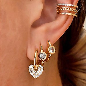Brinco Trio Mix Coração e Ponto Luz Lucsi Banhado a Ouro 18k