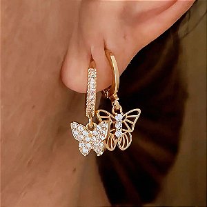 Brinco Mix Duplo Argolinha Borboleta Banhado a Ouro 18k