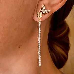 Brinco Mix Duplo Fio e Zircônias Borboleta Banhado a Ouro 18k
