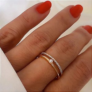 Anel 2 Fios e Mini Pérola Banhado a Ouro 18k