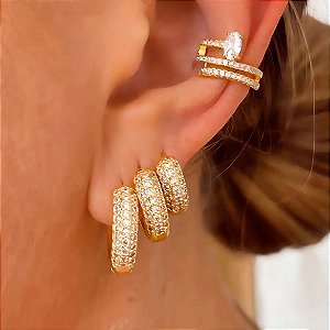 Brinco Trio de Argolas Cravejadas 3 Fileiras Sitty Banhado a Ouro 18k