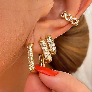 Brinco Trio de Argolas Retangular Luxo Vienna Banhado a Ouro 18k