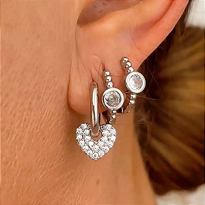 Brinco Trio Mix Coração e Ponto Luz Lucsi Ródio Branco