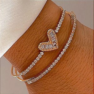 Bracelete Coração Cristais Banhado a Ouro 18k