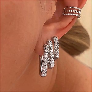 Brinco Trio Cravejado Retangular Elevé Ródio Branco