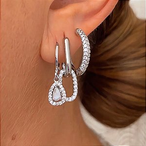 Brinco trio Mix Glam Ródio Branco