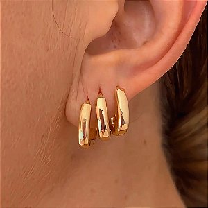 Brinco Trio Argolinha Lisa Oval Square Banhado a Ouro 18k