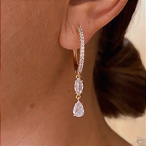 Brinco de Argola Luxo Gota Cristal Bellini Banhado a Ouro 18k