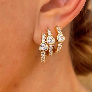 Brinco Trio de Argolas Cravejadas Heart Banhado a Ouro 18k
