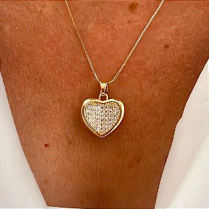 Colar Coração Sublime Cravejado Borda Lisa Banhado a Ouro 18k