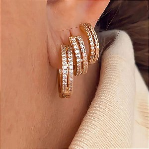 Brinco Trio Argolas 2 Fileiras Slim Mila Banhado a Ouro 18k