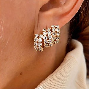 Brinco Trio Argolas 2 Fileiras Cristais Bliss Banhado a Ouro 18k