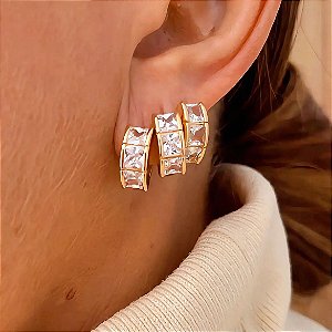 Brinco Trio Argolas Quadradinho Cristais Lumiê Banhado a Ouro 18k