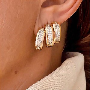 Brinco Trio Luxo Borda Lisa e Cristais Lumiére Banhado a Ouro 18k