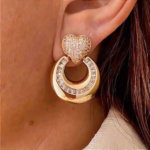 Brinco Frontal Coração Cristais La Belle Banhado a Ouro 18k