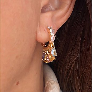 Brinco Argolinha Gotas de Cristal Collors Lumin Banhado a Ouro 18k