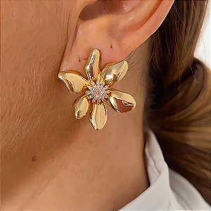 Brinco Cristais e Pétalas Banhado a Ouro 18k
