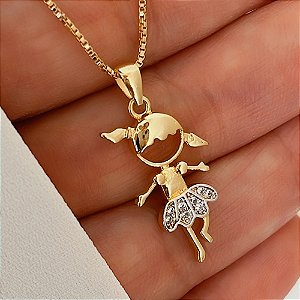 Colar Pingente Menina Bailarina e Zircônias Banhado a Ouro 18k