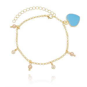 Pulseira Feminina Coração Azul e Pérola Banhado a Ouro 18k