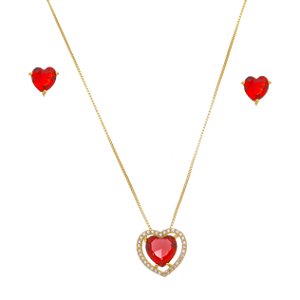 Conjunto Colar e Brinco Coração Vermelho Banhado a Ouro 18k