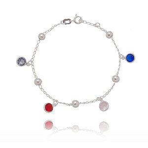 Pulseira Feminina Bolinhas e Cristais Coloridas Prata 925