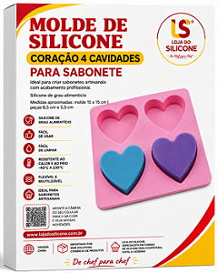 MOLDE DE SILICONE PARA SABONETE CORAÇÃO 4 CAVIDADES
