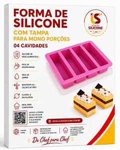 FORMA DE SILICONE PARA MONO PORÇÕES 04 CAVIDADES COM TAMPA