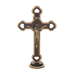 Crucifixo de Mesa com Medalha de São Bento - Ouro Velho - 24cm