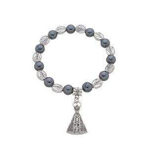 Pulseira de Nossa Senhora Aparecida contas em Hematita e metal pingente Nossa Senhora