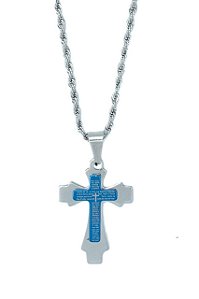 Corrente Aço Inoxidável com Crucifixo Pai Nosso Azul