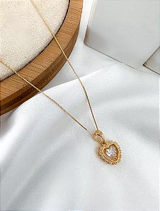 Colar Veneziana Folheado a Ouro 18k e Prata Pingente Coração com Zircônias-Dourado