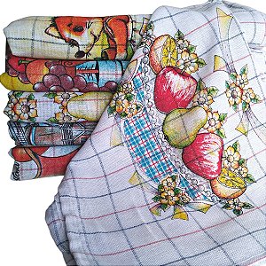 Kit com 50 Pano de Prato Estampado Sacaria Trama 8 Xadrez Claro Com Estampa