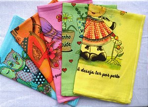 Kit com 50 Panos de Prato Sacaria Trama 8 Coloridos Com Estampa