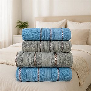Jogo De Banho 4 Peças 450g/M² Bellagio Toalhas Banhão 100% Algodão Azul/Cinza