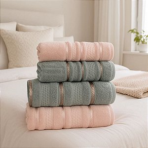 Jogo De Banho 4 Peças 450g/M² Bellagio Toalhas Banhão 100% Algodão Rosa/Cinza