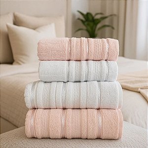 Jogo De Banho 4 Peças 450g/M² Bellagio Toalhas Banhão 100% Algodão Rosa/Branco