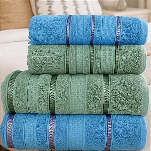 Jogo De Banho 4 Peças 450g/M² Bellagio Toalhas Banhão 100% Algodão Azul/Verde