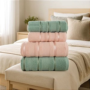 Jogo De Banho 4 Peças 450g/M² Bellagio Toalhas Banhão 100% Algodão Verde/Rosa