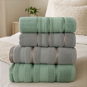 Jogo De Banho 4 Peças 450g/M² Bellagio Toalhas Banhão 100% Algodão Verde/Cinza