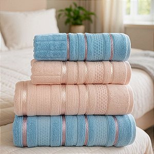 Jogo De Banho 4 Peças 450g/M² Bellagio Toalhas Banhão 100% Algodão Azul/Rosa