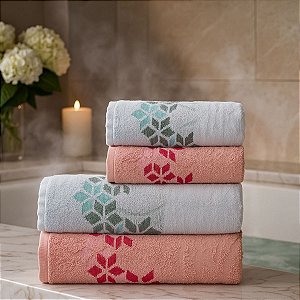 Jogo De Banho 4 Peças 350g/M²  Florença 100% Algodão Branco/Rosa